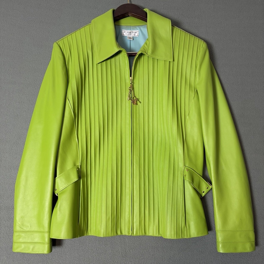 Vintage St. John by Marie Gray Green Leather Moto Jacket Size XL EUC